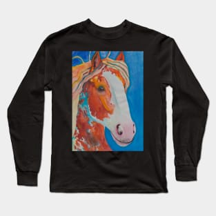 Red orange horse on blue background Long Sleeve T-Shirt